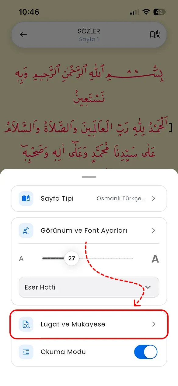 Okuma Ayarları menüsündeki Lugat ve Mukayese satırı