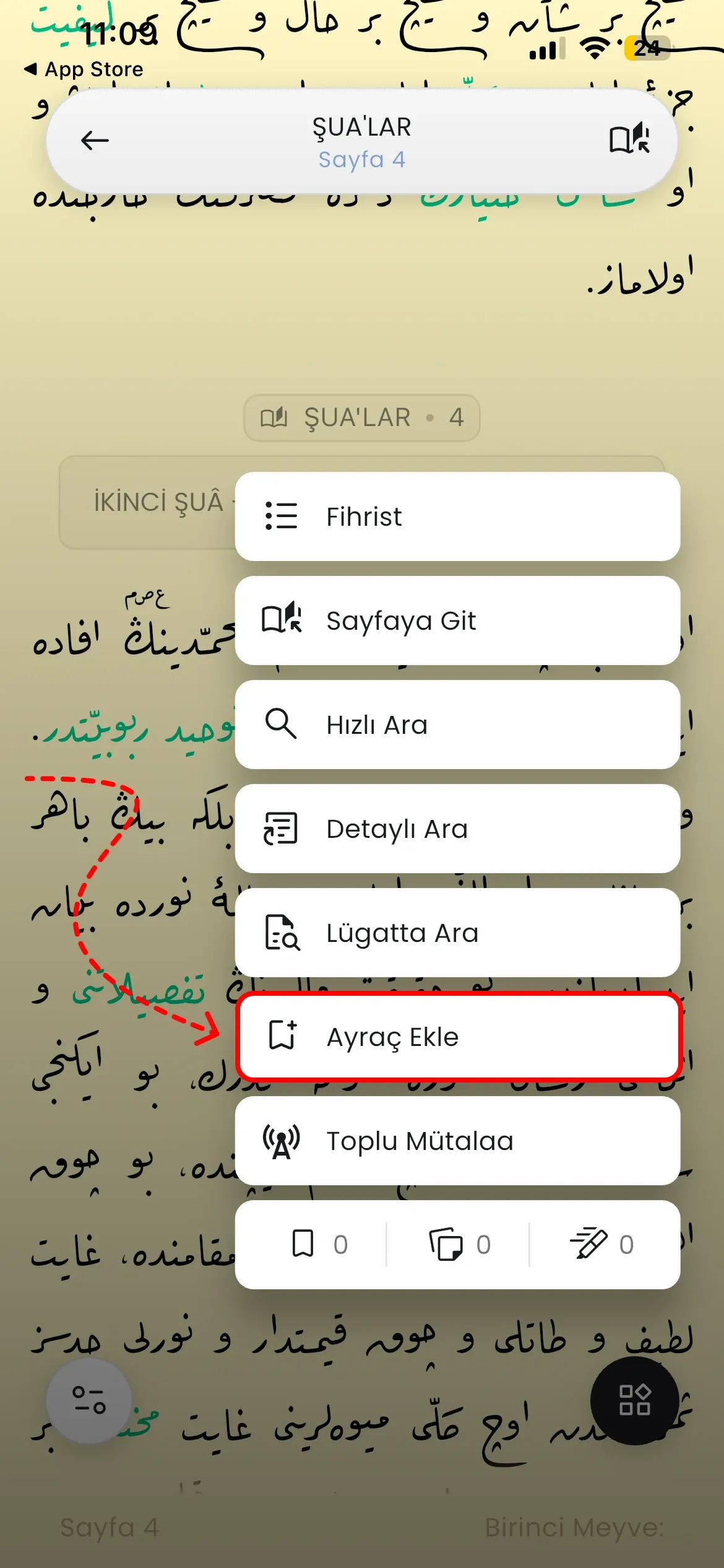 Okuma menüsünde Ayraç Ekle seçeneği
