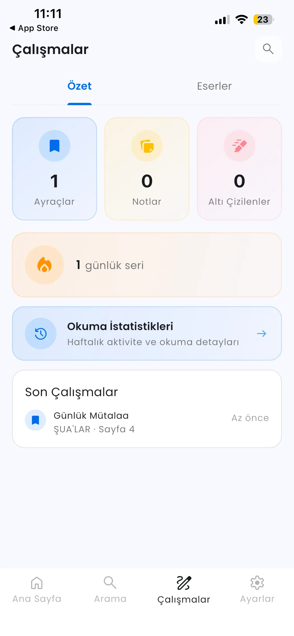 Çalışmalar sayfasındaki Ayraçlar listesi