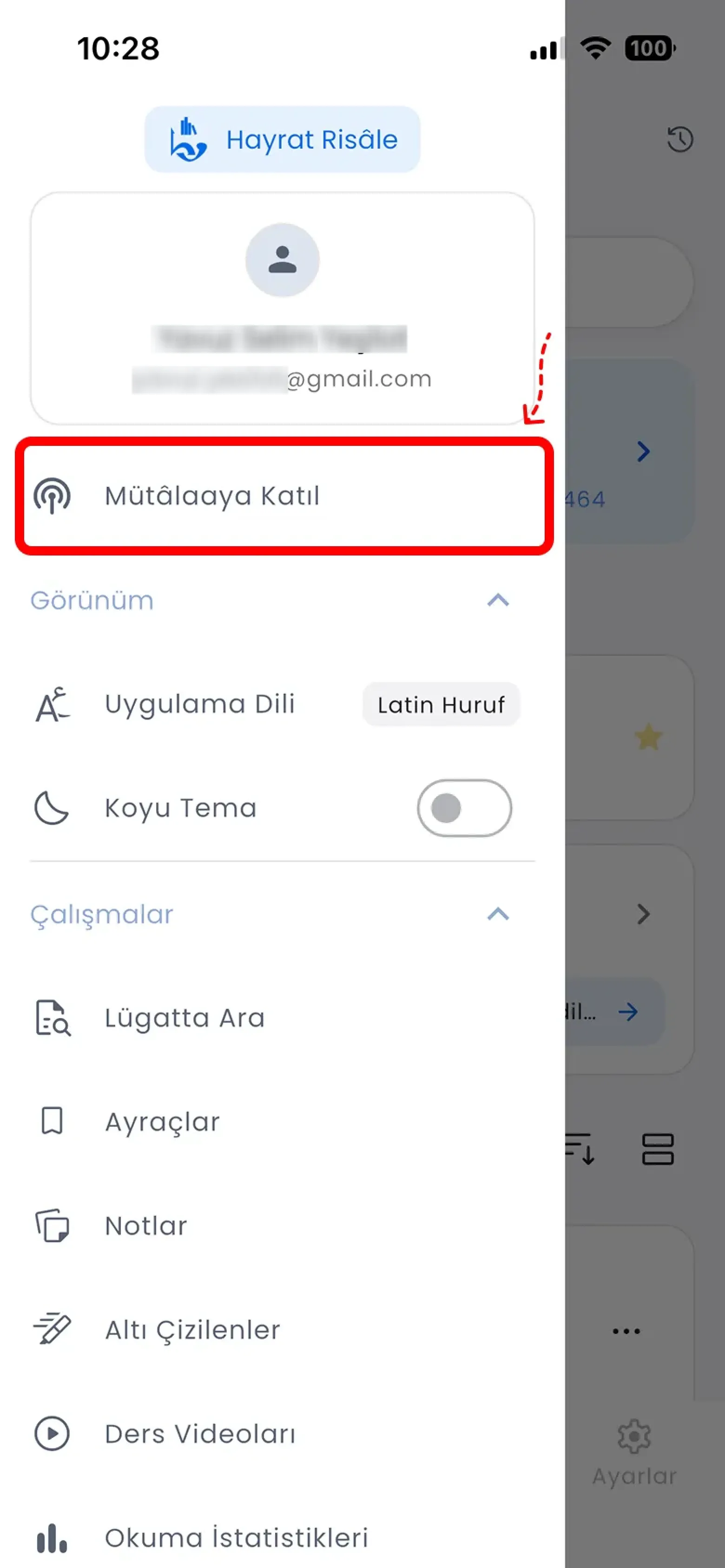Mütâlaaya Katıl menü seçeneği