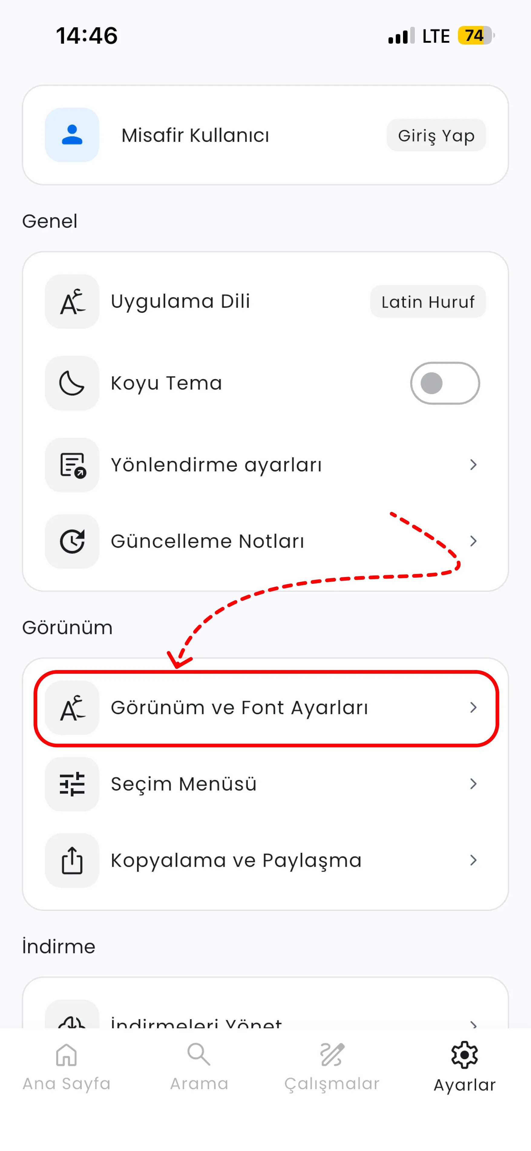 Görünüm ve Font Ayarları'nı açma