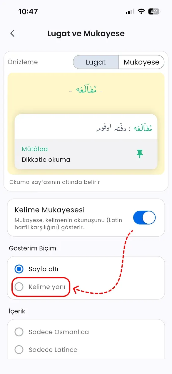 Gösterim Biçimi seçenekleri ve Kelime Mukayesesi anahtarı
