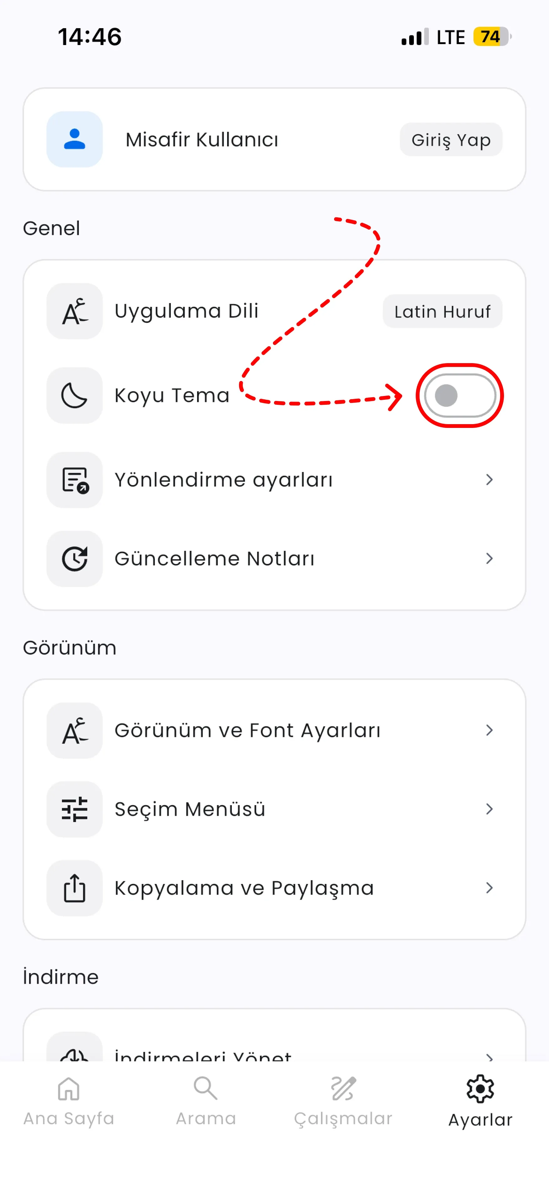 Ayarlar sayfasında Koyu Tema anahtarı