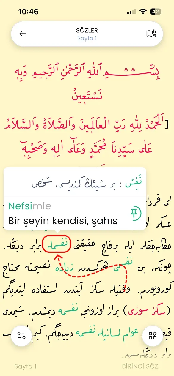 Kelimeye dokununca açılan lugat kartı