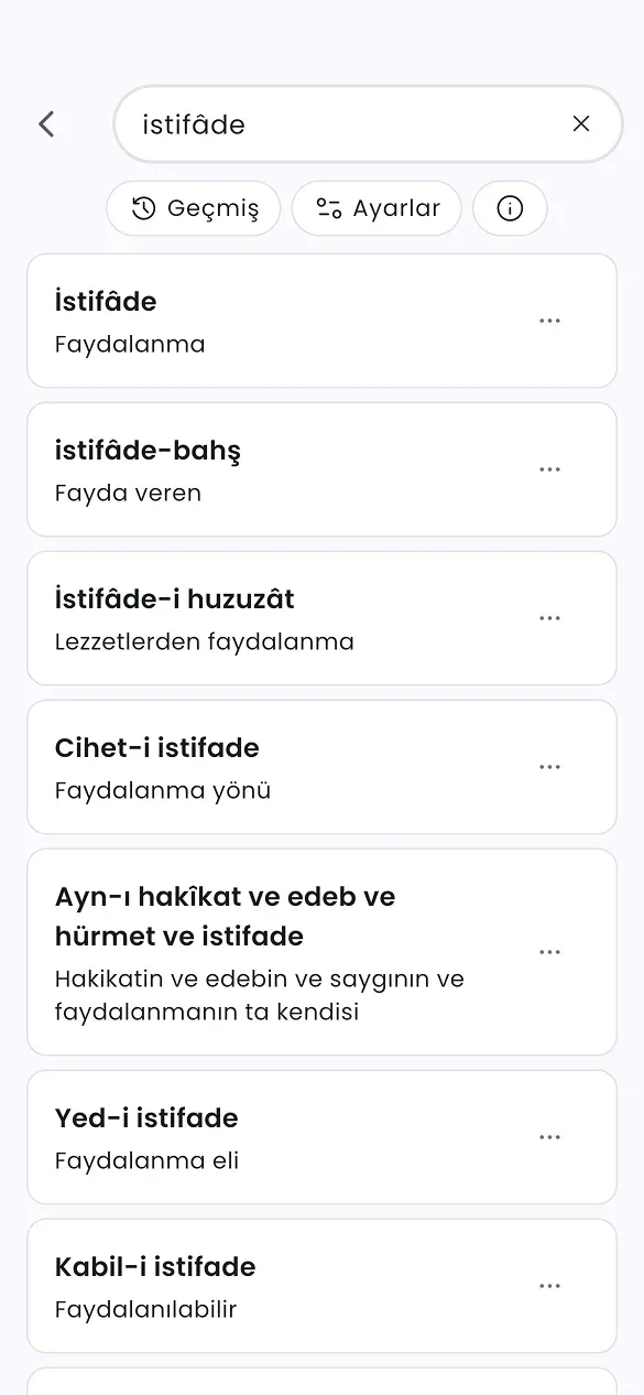 Lugat arama sayfasındaki sonuçlar