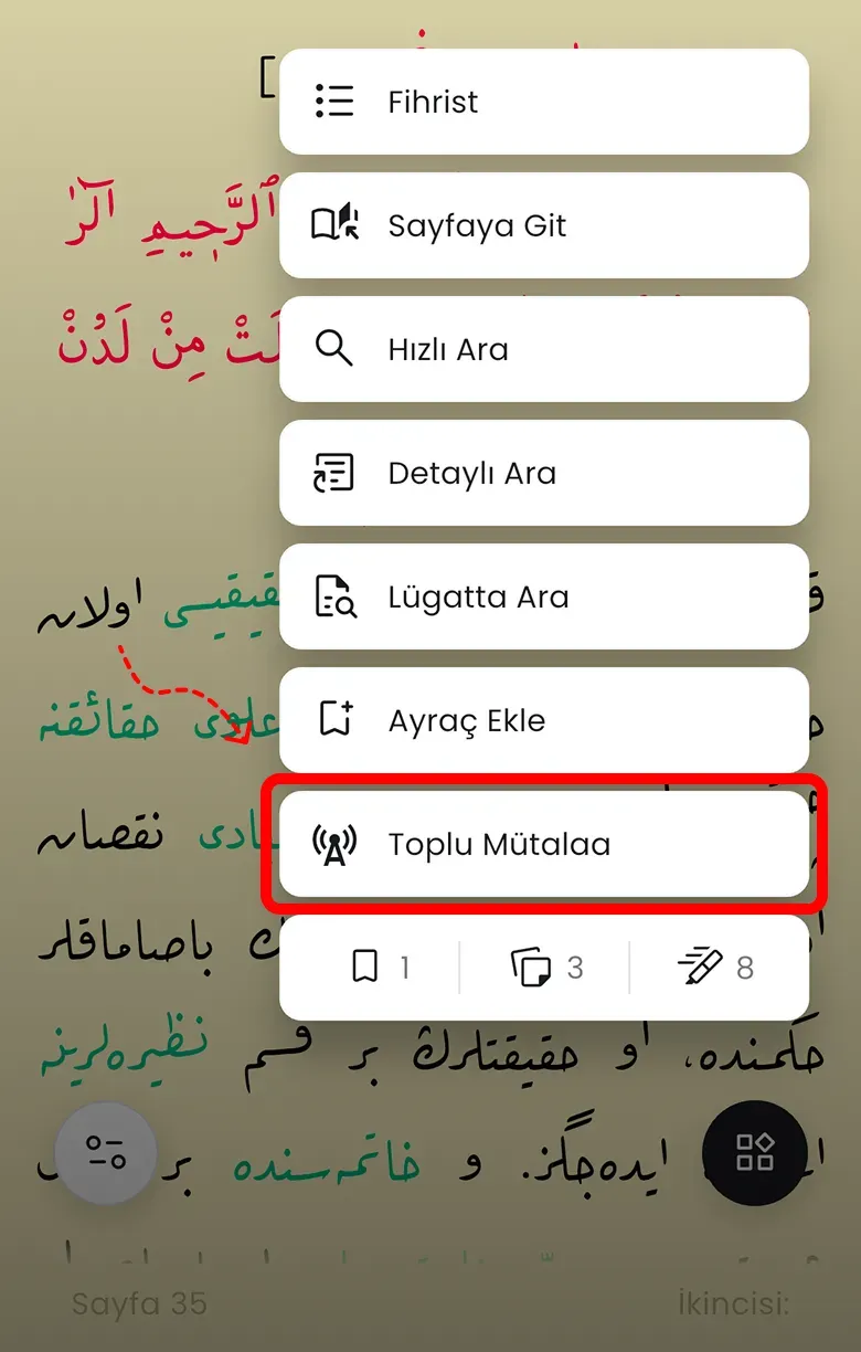 Okuma menüsünde Toplu Mütalaa seçeneği