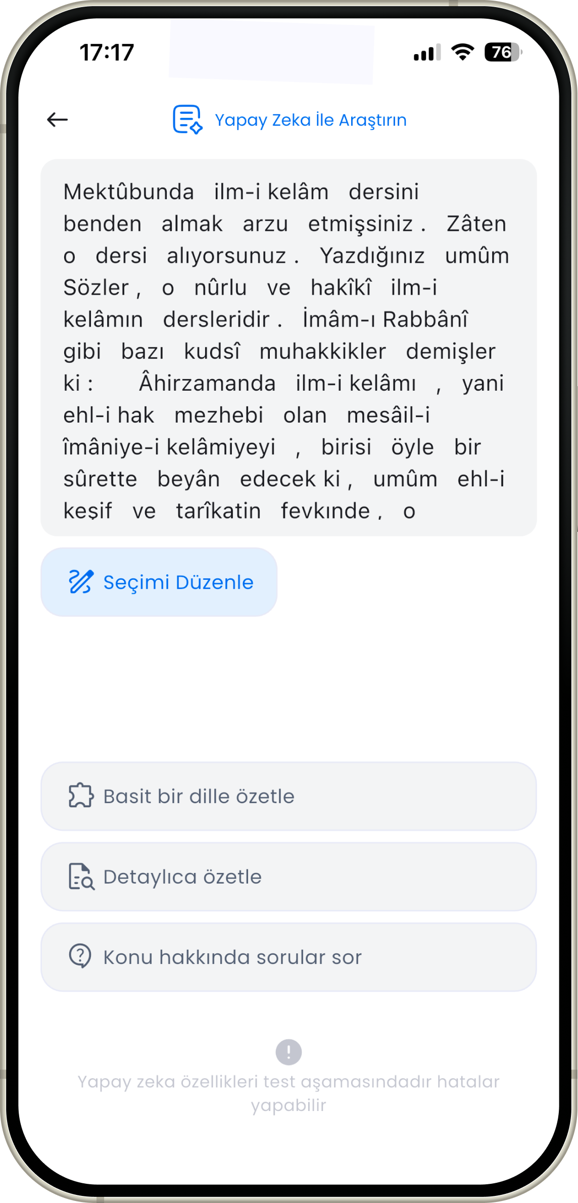 Risale-i Nur okuma özellikleri ekran görüntüsü
